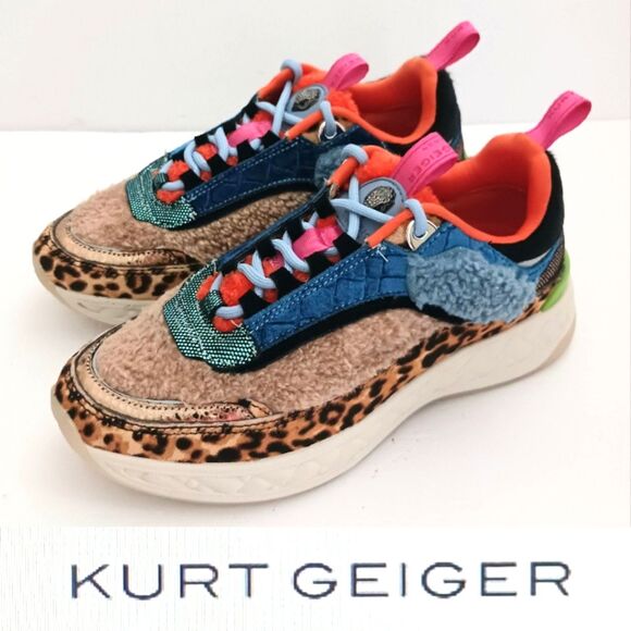 NEW $185 Kurt Geiger London Kensington Leopard Mixed Print Lace Up Sneaker 6M - Picture 1 of 16